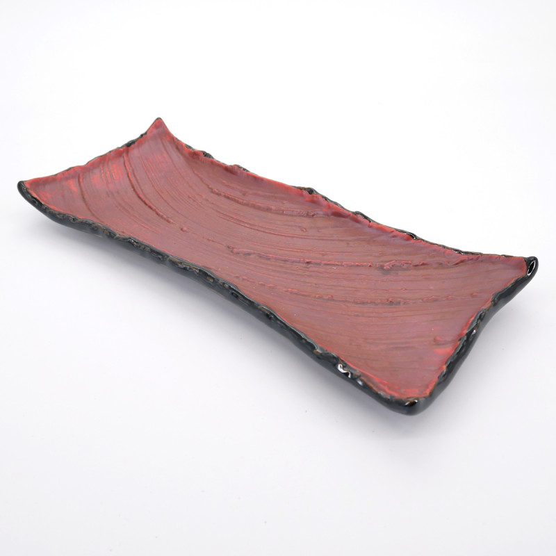 assiette longue rectangulaire noire pinceau rouge 31cm SHUHAKE TENMOKU