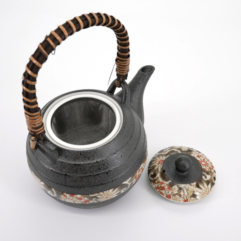 japanese grey flower patterns teapot with handle 0,6L HEIAN KARAKUSA