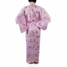 japanischer Yukata Kimono aus rosafarben Baumwolle, KINUME, goldene Pflaumenblüten