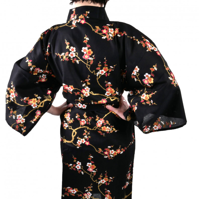 Japanese traditional black cotton happi coat kimono golden plum for ladies