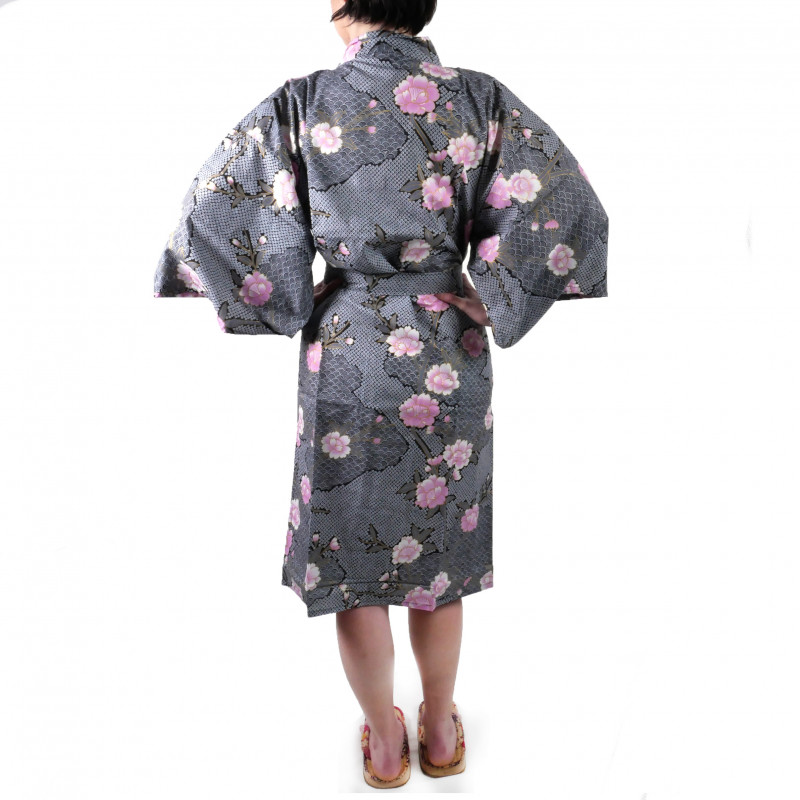 Japanese traditional black cotton happi coat kimono sakura flowers on cloud pattern for ladies