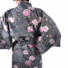 happi kimono giapponese in cotone nero, SAKURAGUMO, fiori di ciliegio e nuvole