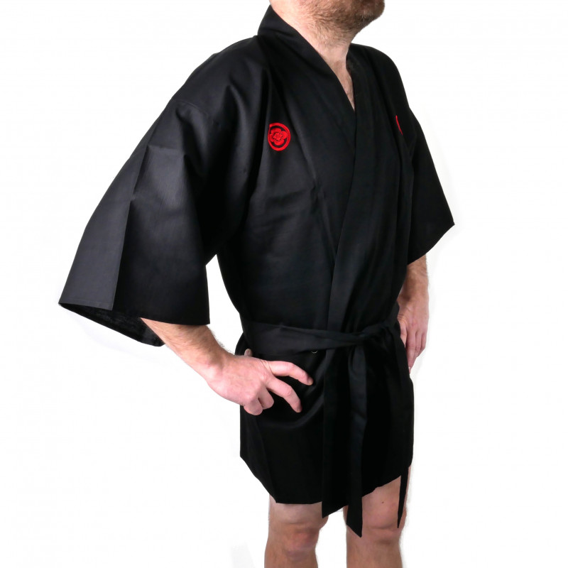 Kimono japonés hanten en algodón negro, SAMURAI, kanji samurai plata