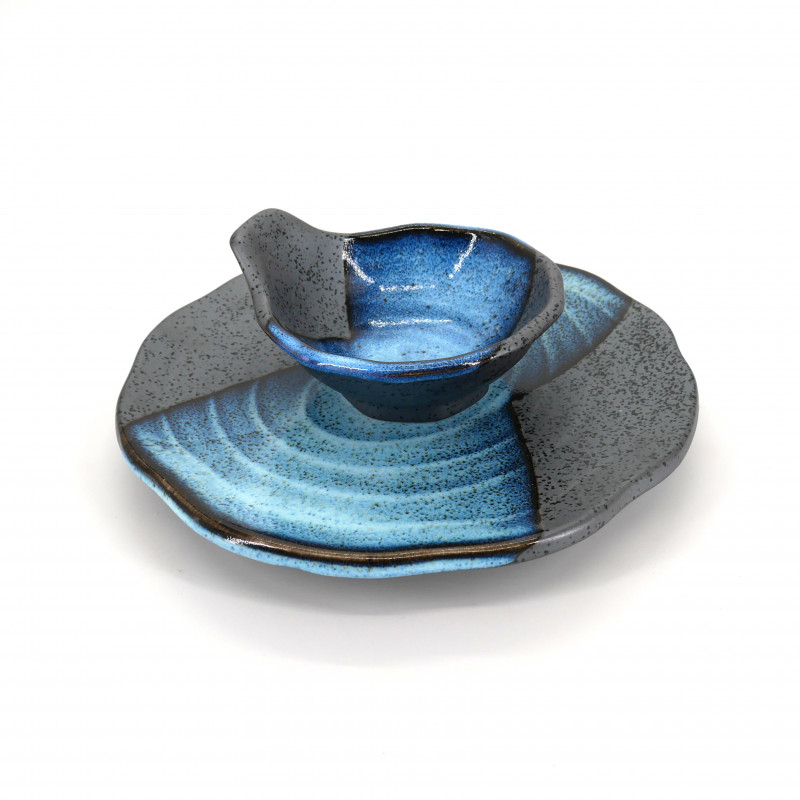 Japanese round plate with bowl, MOKUME, blue