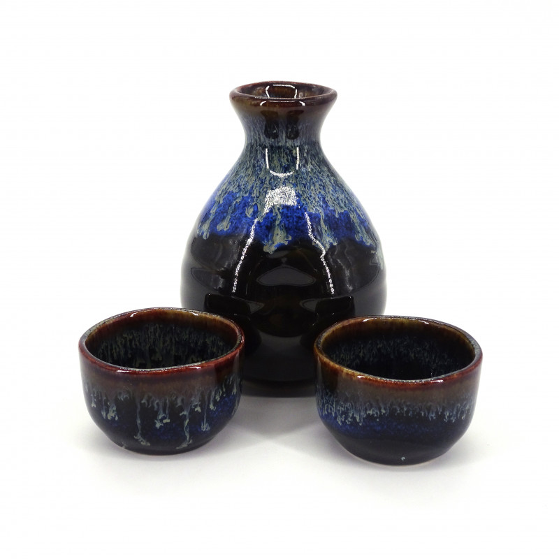 Japanese sake service with 2 glasses and 1 bottle, KUROBURU, blue