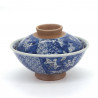 Japanese blue ceramic bowl with lid, SHONZUI, flowers
