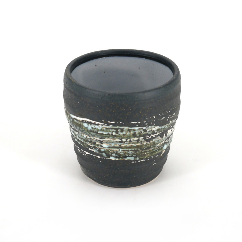 japanese black ceramic teacup HAKE green brush