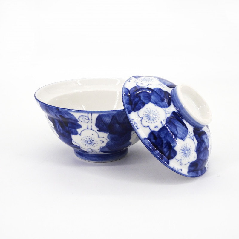 bol japonais bleu en céramique avec couvercle, UME, fleurs