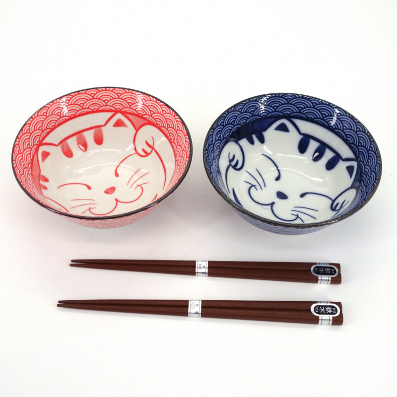 Japanische 2 ramenschüsselnsatz aus keramisch MANEKINEKO rot und blau