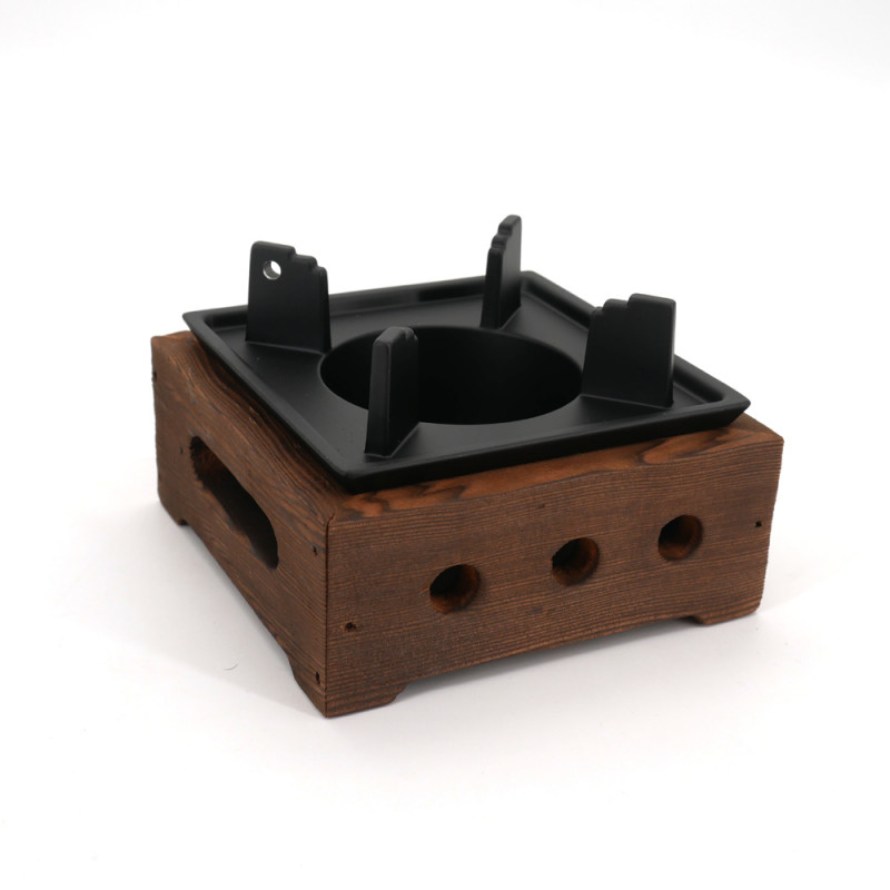 petit chauffe-théière réchaud en fonte et bois carré L12cm marron