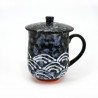 tasse japonaise à thé avec couvercle SEIGAIHA vagues noires