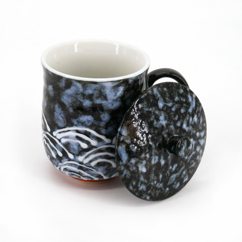 tazza tradizionale giapponese nera di ceramica con coperchio, SEIGAIHA, onde