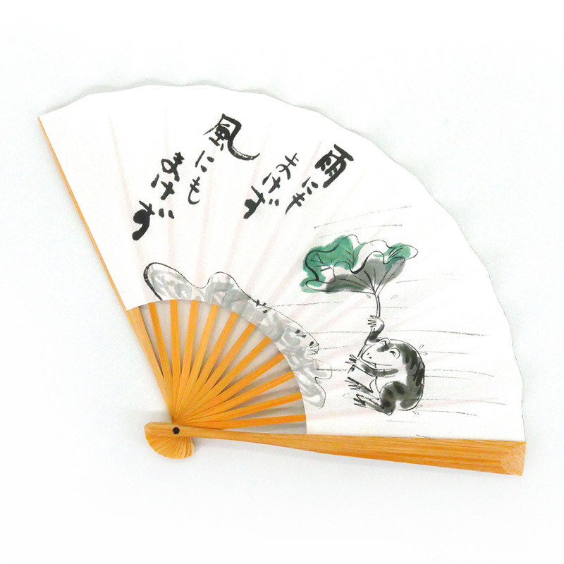 éventail japonais blanc en papier et bambou, KAERU, grenouille