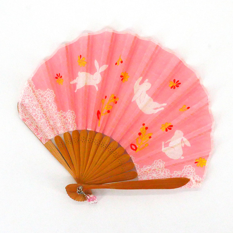 small Japanese fan 21cm in cotton, USAGI, pink rabbit