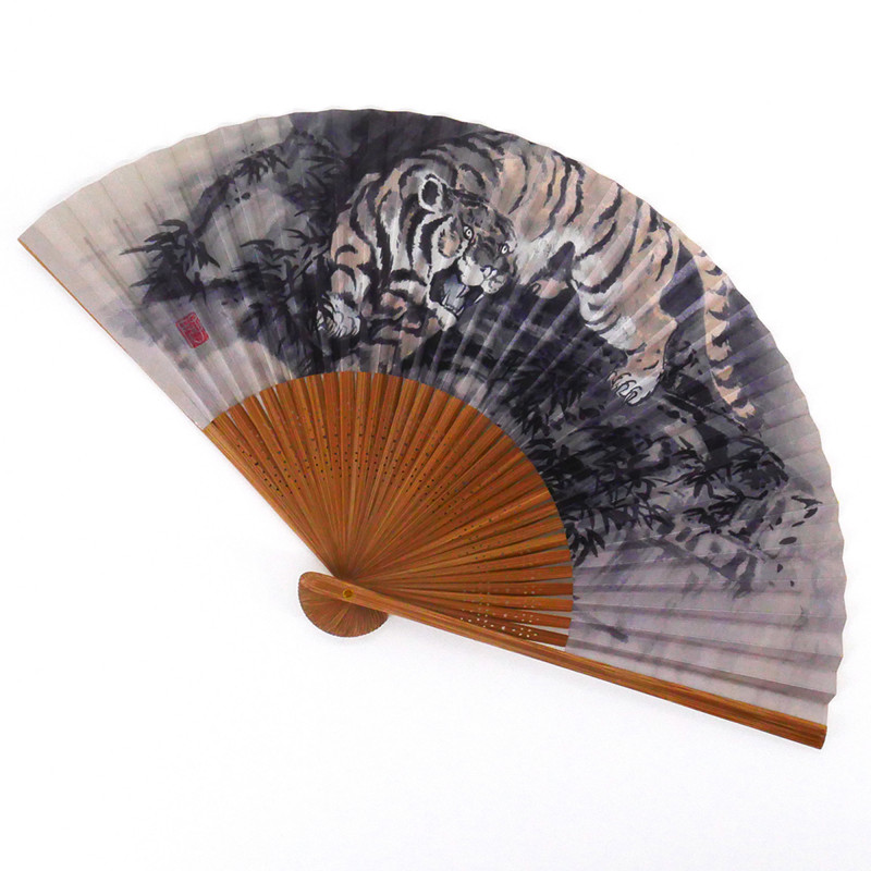 abanico japonés gris 22cm para hombre en papel y bambú, TORA, tigre