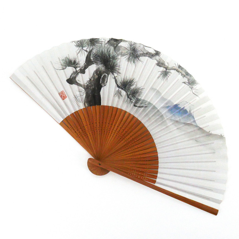 abanico japonés blanco 22cm para hombre en papel y bambú, MATSUFUJI, pino y montaña
