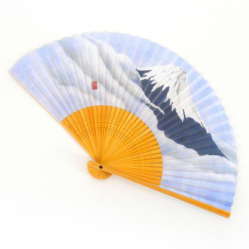 abanico japonés cielo azul 22cm para hombre, FUJISAN, montaña y nubes