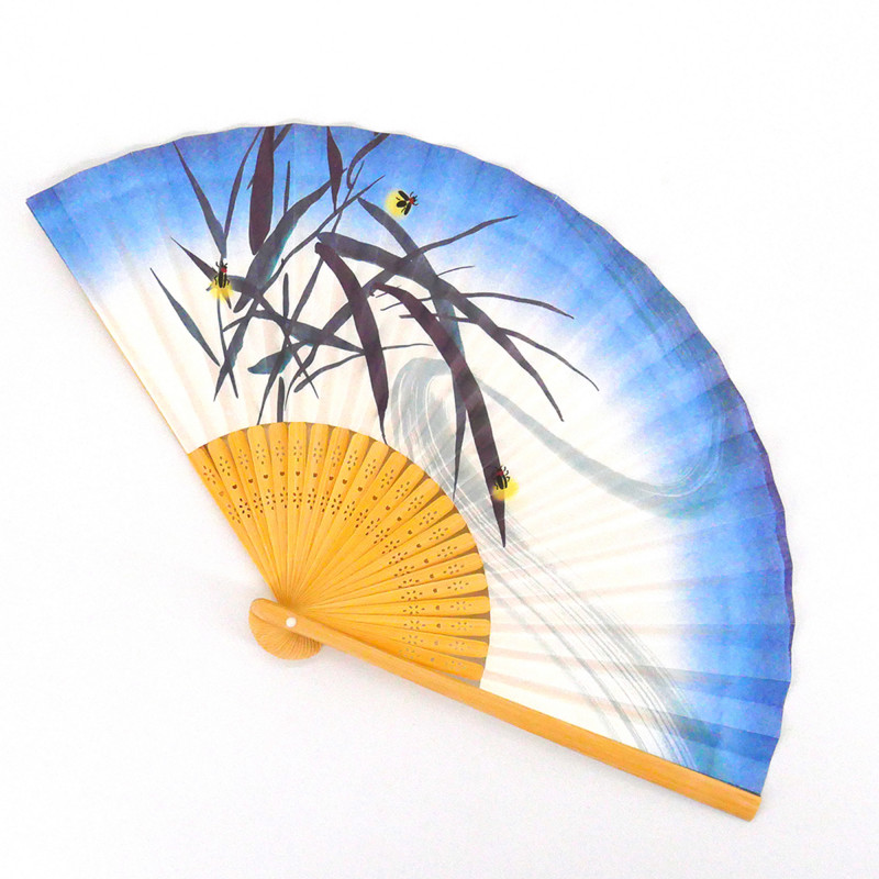 japanese white and blue fan 22,5cm for man in paper and bamboo, HOTARU, firefly