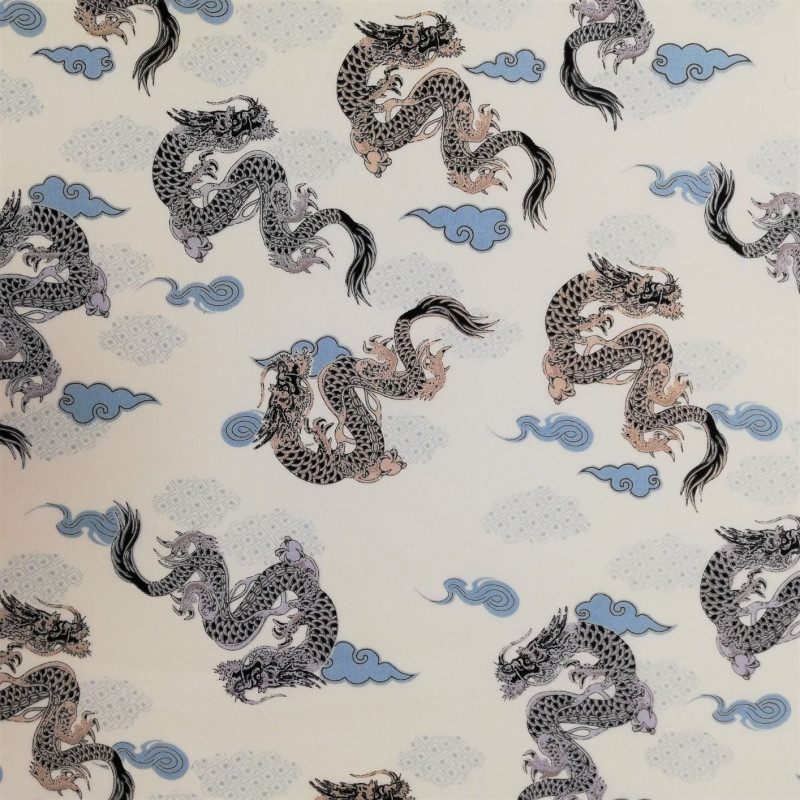 White Japanese cotton fabric with dragons made in Japan width 110 cm x 1m