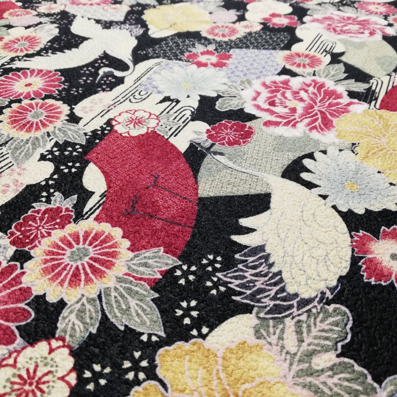 tissu noir japonais en coton grues et fleurs fabriqué au Japon largeur 110 cm x 1m