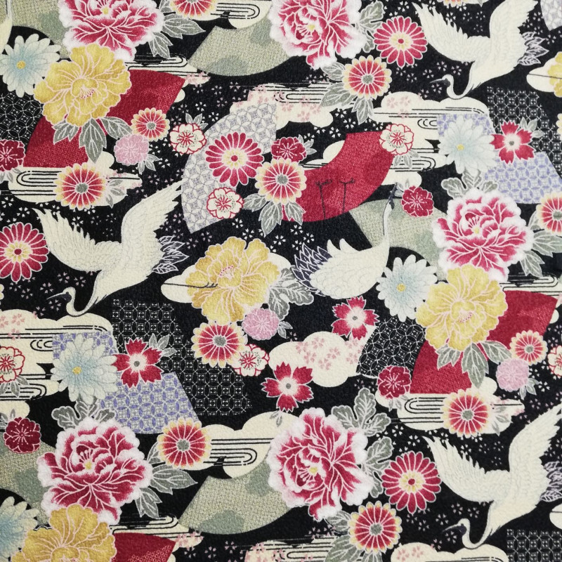 tissu noir japonais en coton grues et fleurs fabriqué au Japon largeur 110 cm x 1m