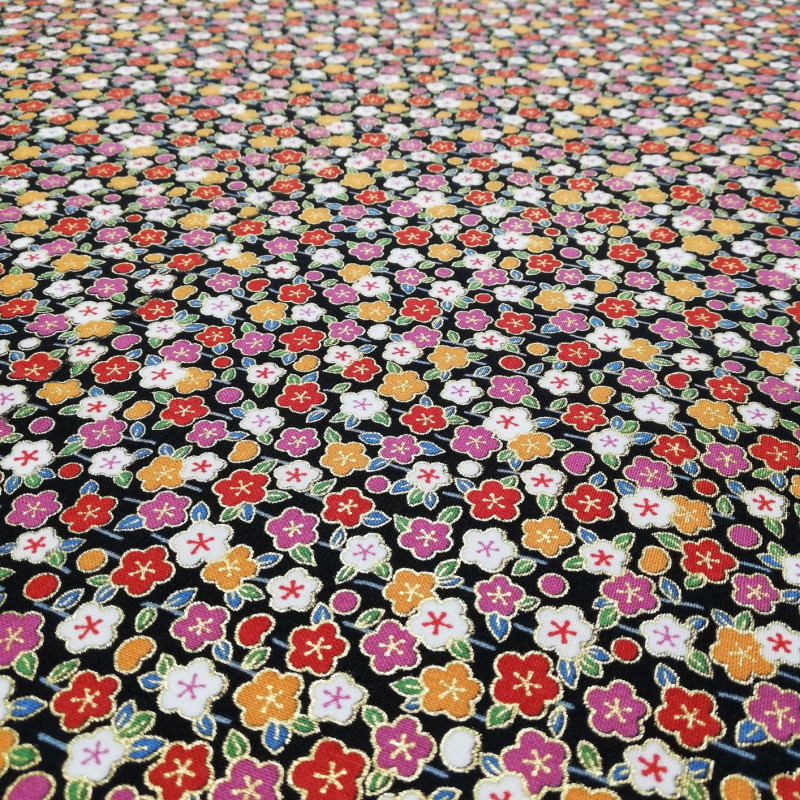 tissu noir japonais en coton fleurs fabriqué au Japon largeur 110 cm x 1m