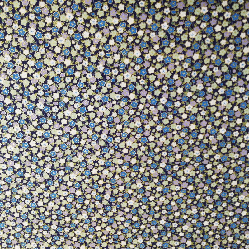 Blue Japanese cotton fabric with flowers made in Japan width 110 cm x 1m