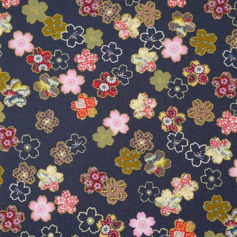 tissu bleu japonais en coton fleurs de sakura fabriqué au Japon largeur 110 cm x 1m