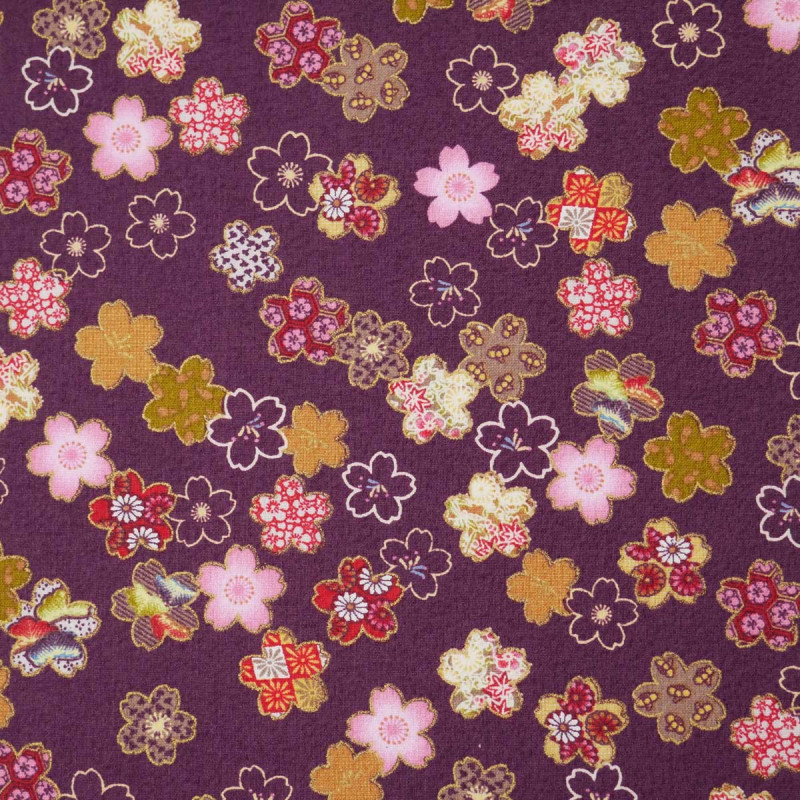 tissu violet japonais en coton fleurs de sakura fabriqué au Japon largeur 110 cm x 1m