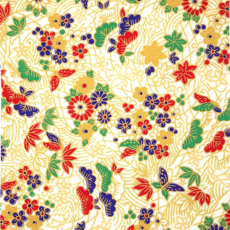  tissu  blanc japonais  en coton motifs matsu fleurs 