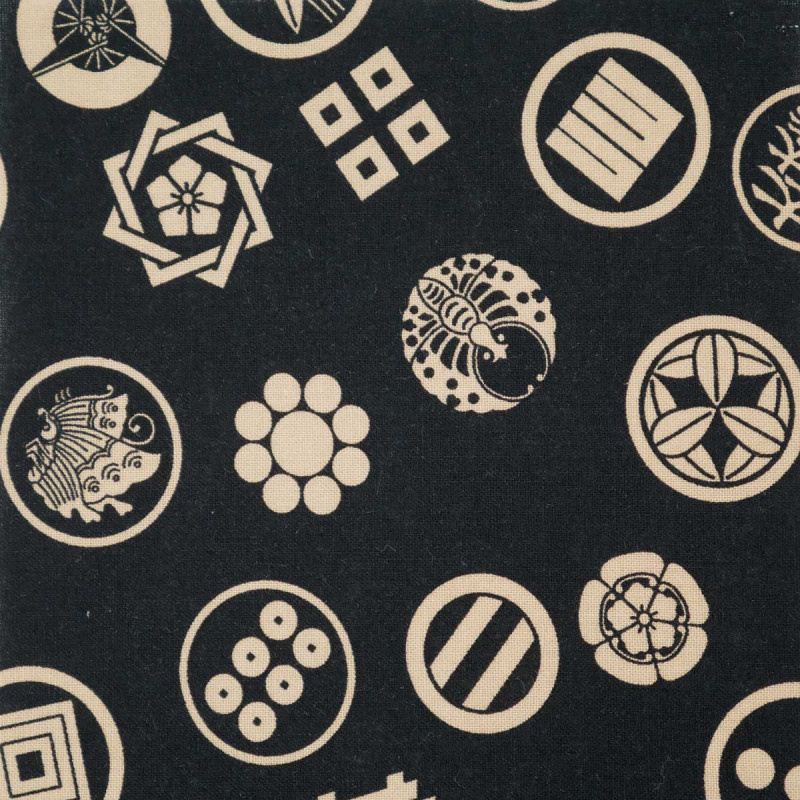 Black Japanese cotton fabric emblems patterns made in Japan width 112 cm x 1m