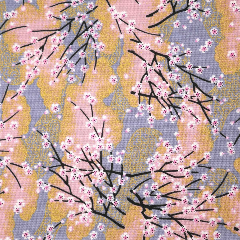 tissu violet japonais en coton branches petites fleurs fabriqué au Japon largeur 112 cm x 1m