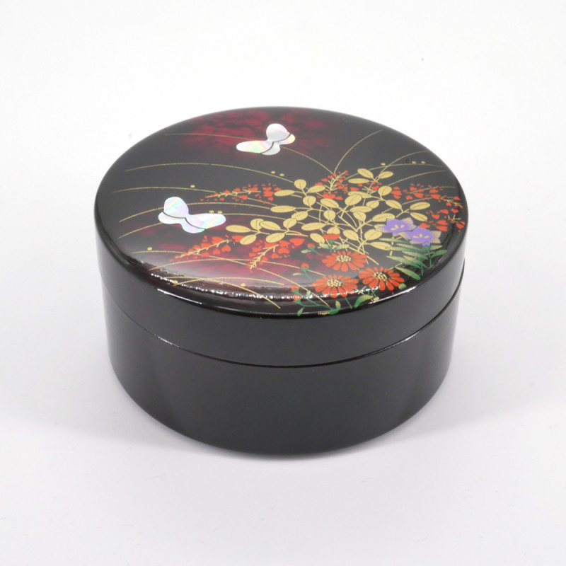 boîte à bijoux noire japonaise, MIYABINO, fleurs et papillons
