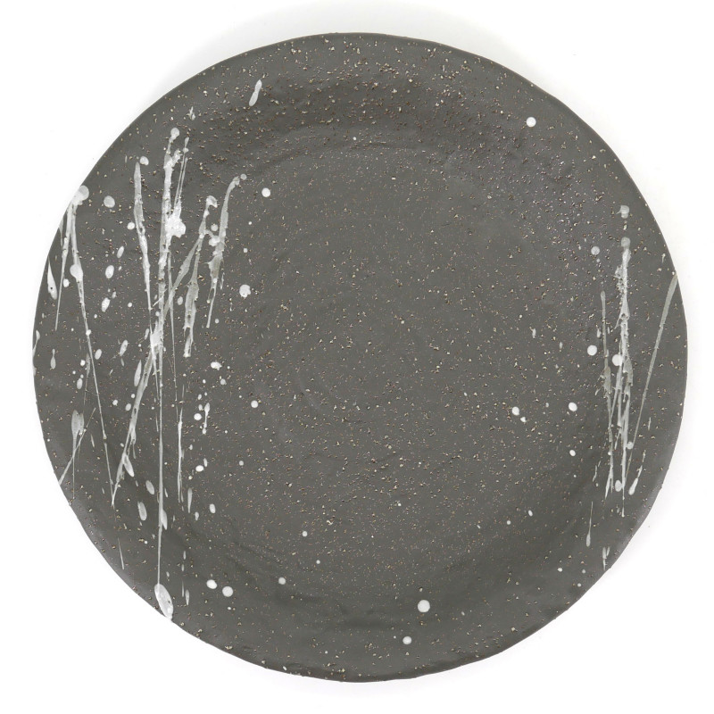 japanische schwarze runde platte aus keramik, FUBUKI, weiße pinsel