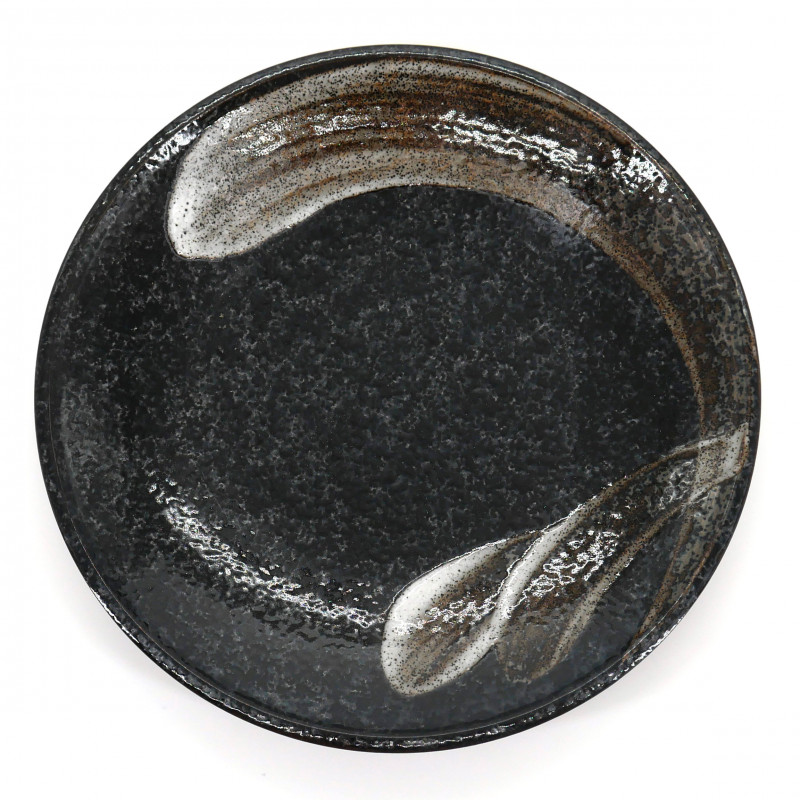 Plato ceramico negro japonés Ø23cm, ARAHAKE, cepillo