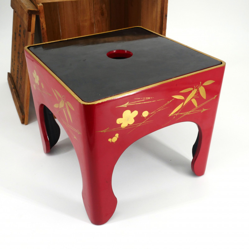 Individual square travel coffee table in red and gold lacquer