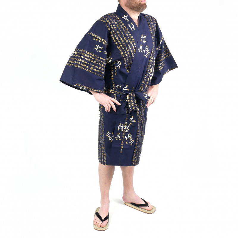 Happi traditional japanese blue kimono in cotton general kanji hideyoshi for men