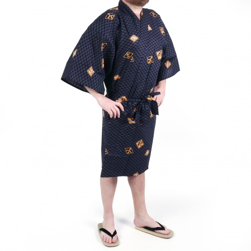 Happi traditioneller japanischer blauer Baumwollkimono mit Rautenmustern und Kanji für Männer