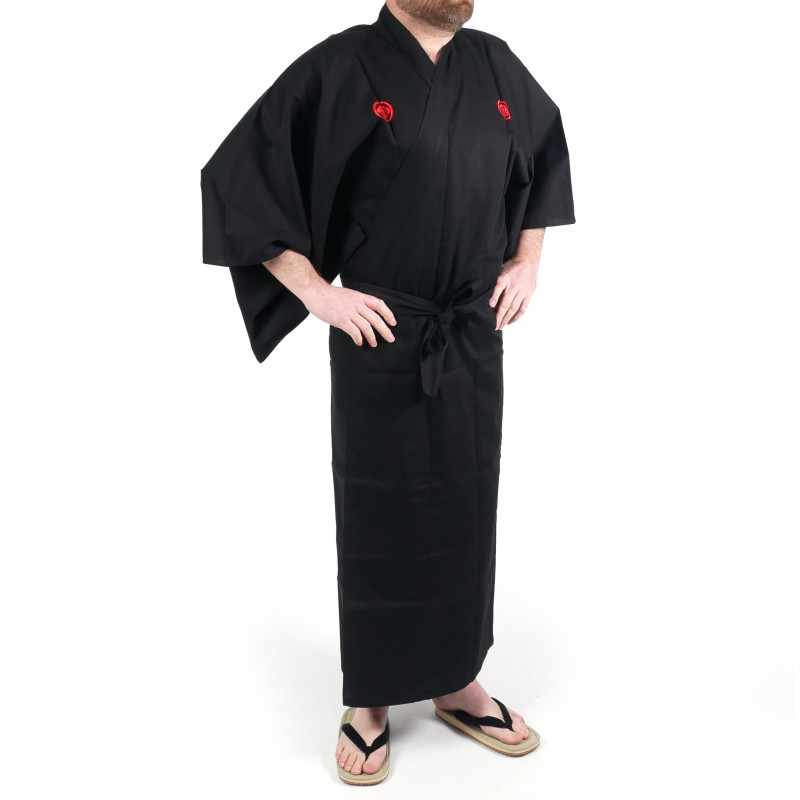Kimono giapponese nero in cotone fine, SAMURAI, kanji d'oro