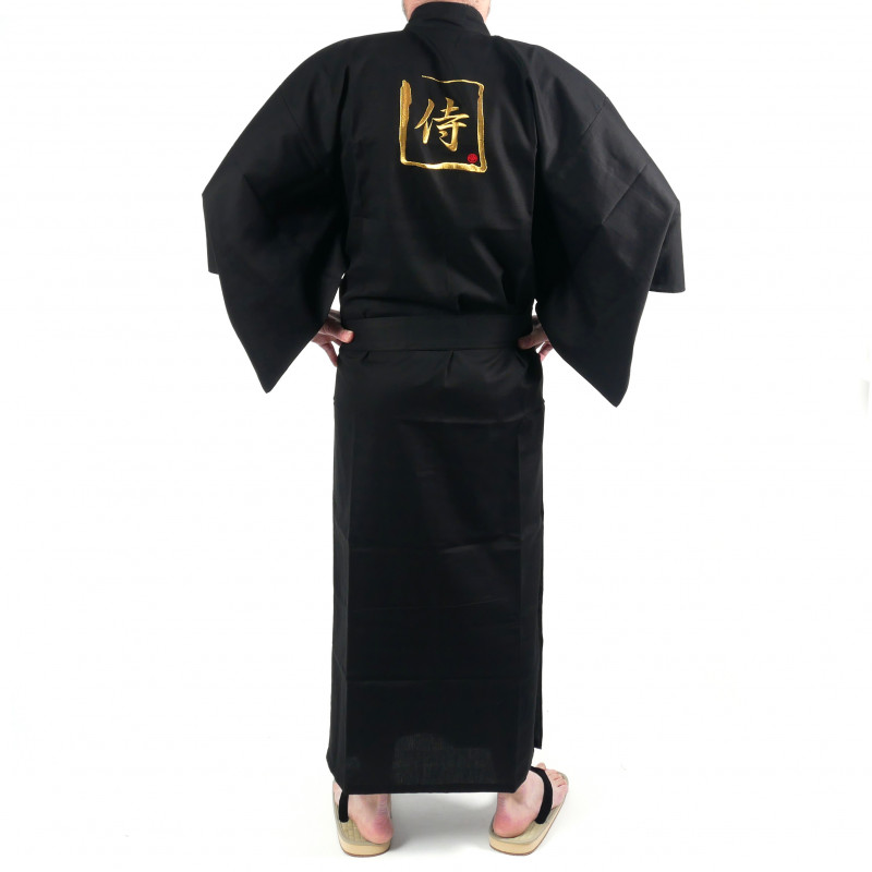 japanischer Herren yukata Kimono - schwarz, SAMURAI, kanji golden