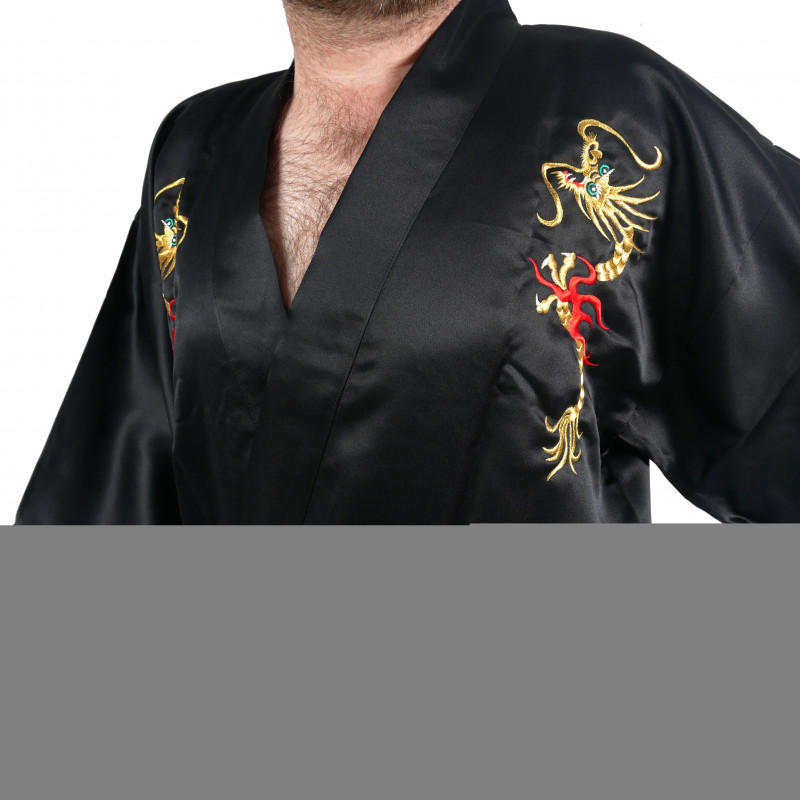 hanten kimono giapponese nero in cotone, RYU, drago