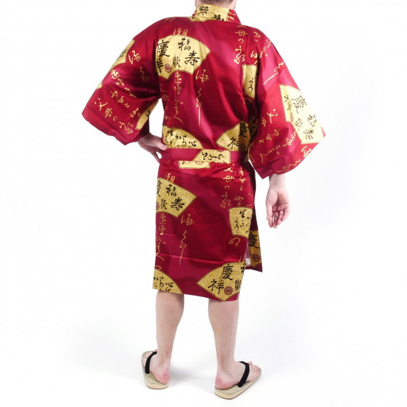happi kimono rouge japonais en coton SENSU, éventail doré, pour homme