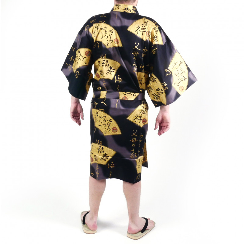 Kimono japonés happi en algodón, negro, SENSU, abanico dorado