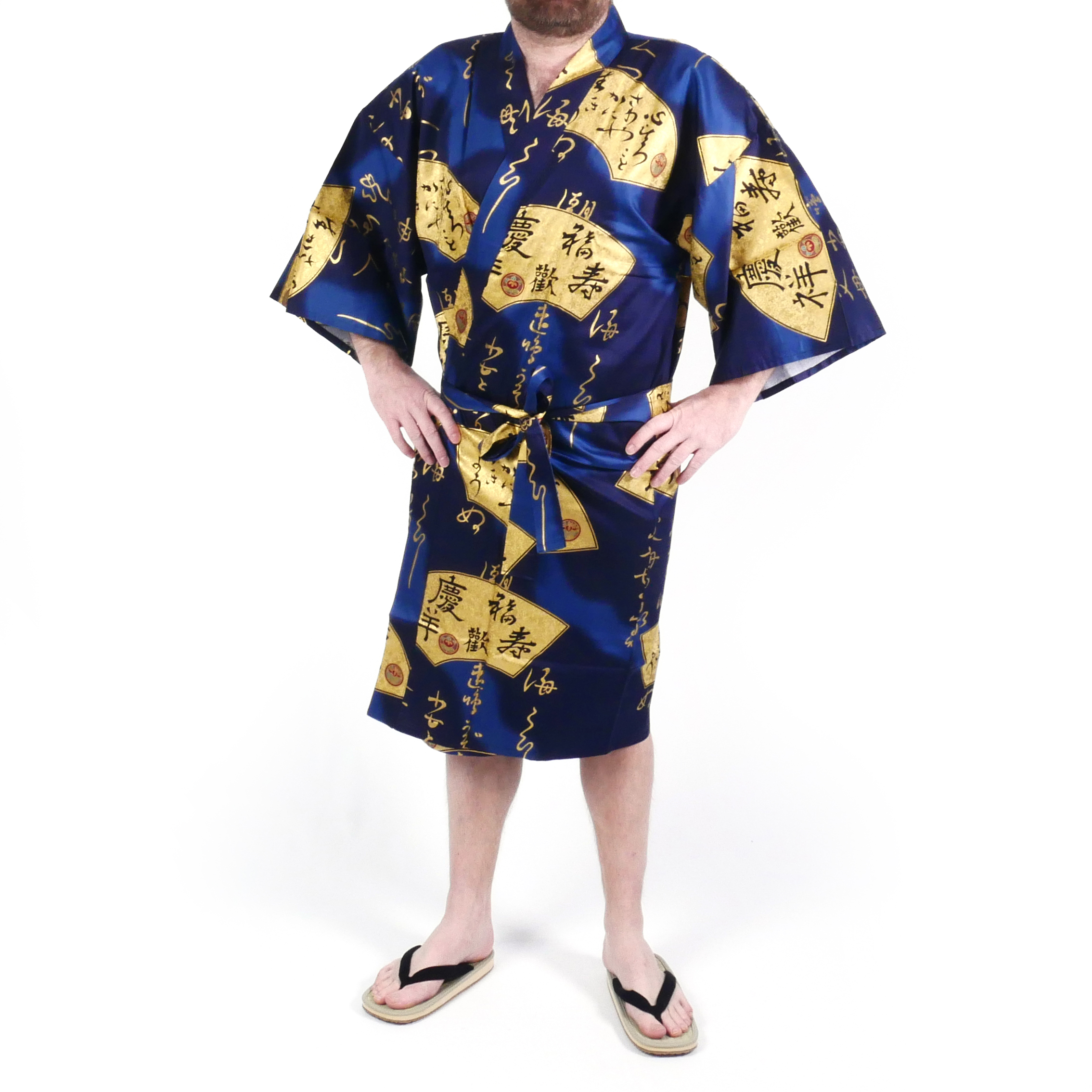 Happi Kimono Bleu Japonais En Coton Sensu Eventail Dore Pour Homme