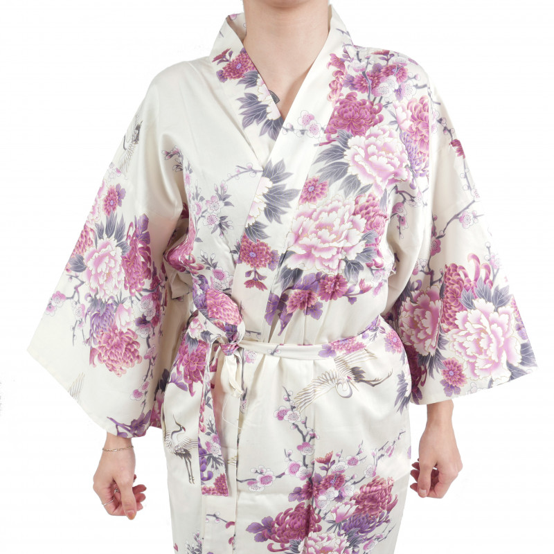 happi kimono japonés blanco en algodón, TSURU PEONY, grulla y peonía