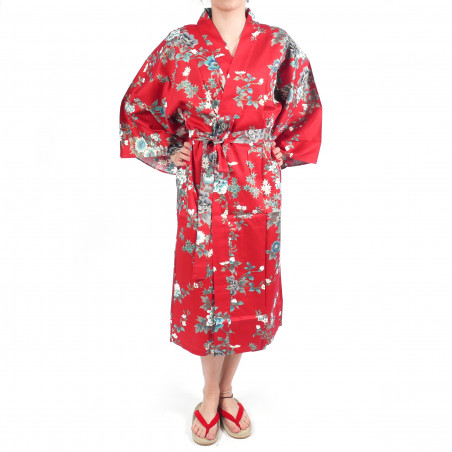 happi japonés kimono algodón rojo, SAKURA PEONY, peonía y flores de cerezo