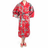 happi japonés kimono algodón rojo, SAKURA PEONY, peonía y flores de cerezo