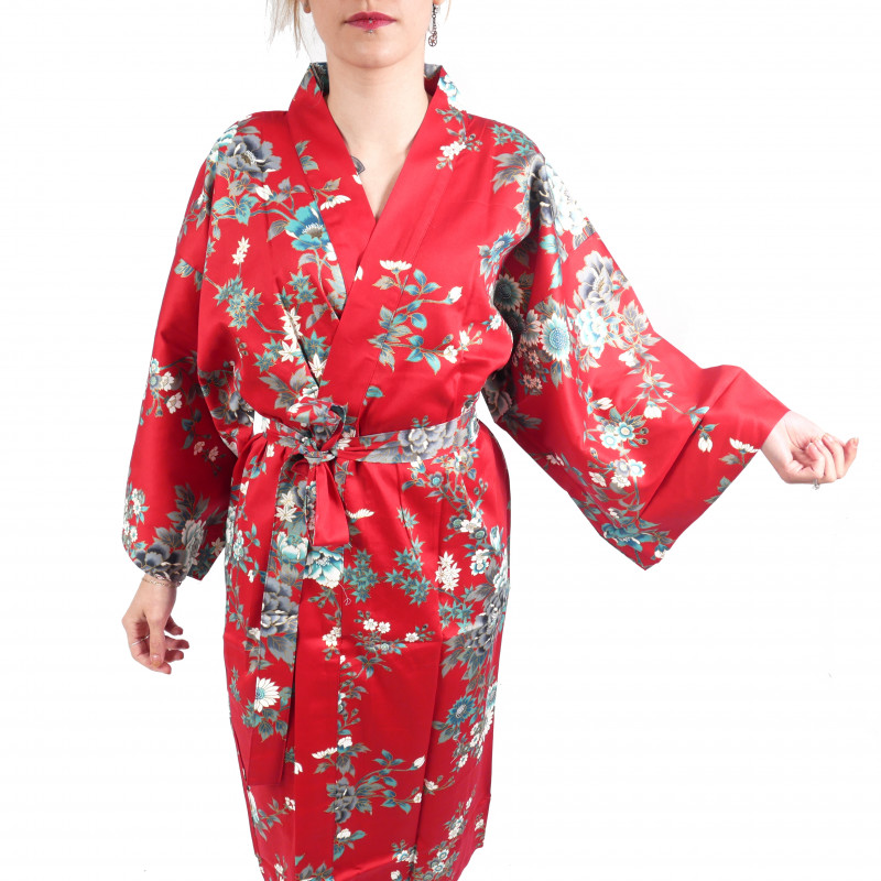 Happi japanischer Kimono aus roter Baumwolle, SAKURA PEONY, Pfingstrose und Kirschblüten
