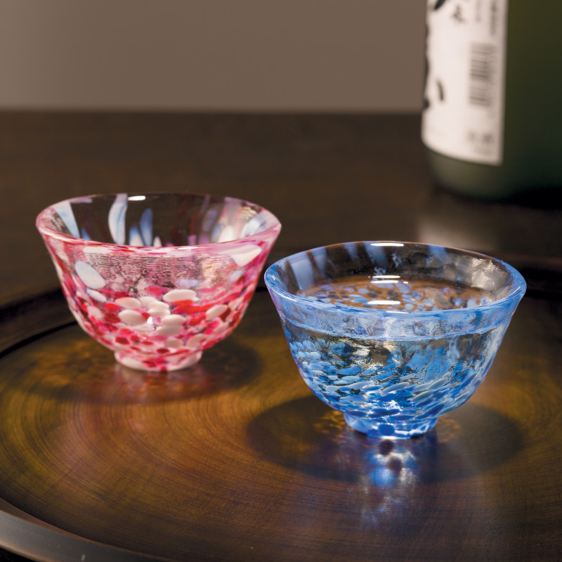 Japanischer Glassake-Service 2 Gläser und 1 Flasche SAKURA FUBUKI