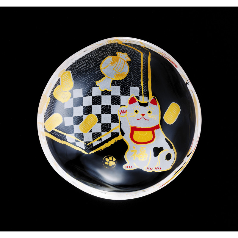 small Japanese mamesara glass plate with manekineko motif - MAMESARA